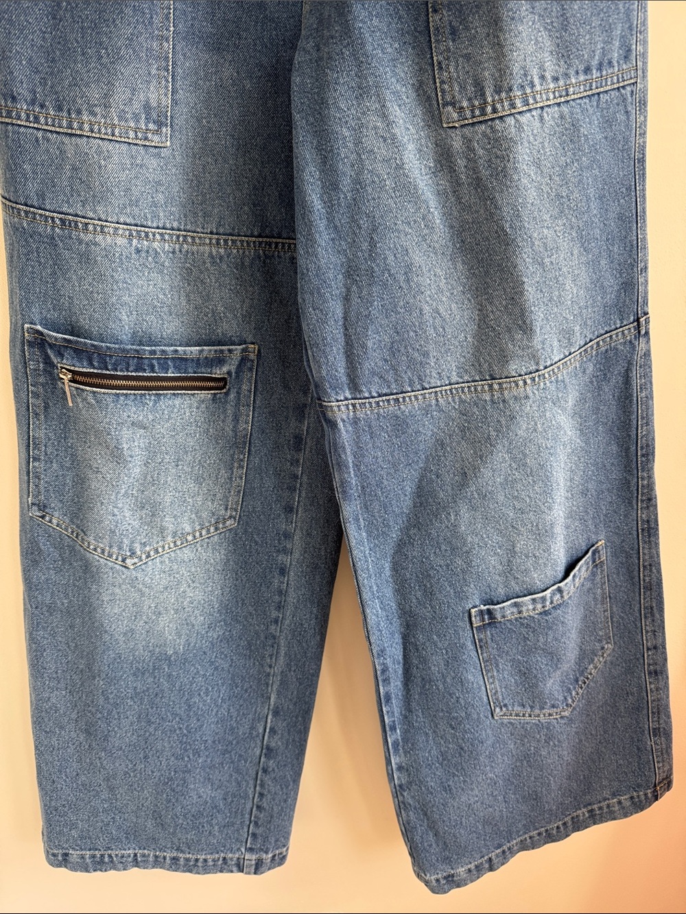 Wide Leg Blue Denim Jeans with Utility Pockets - Picture 4 of 6